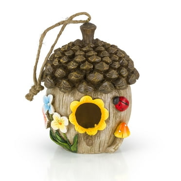 Dawhud Direct Hand-Painted Hanging Bird House for Outside - Acorn Cottage Decorative Wooden Birdhouse for Outdoor Garden and Patio Décor