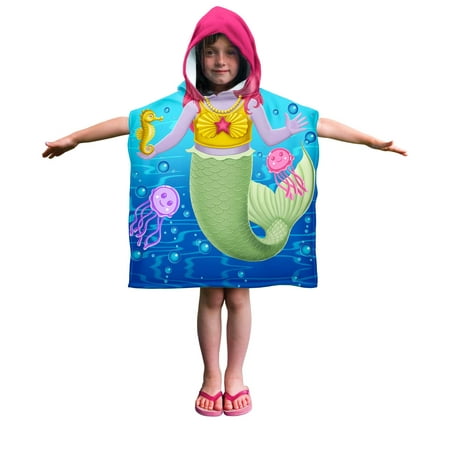 Dawhud Direct Hooded Beach Towel for Kids, Mermaid Print, 100 Percent Cotton Velour, 24" x 36" Poncho