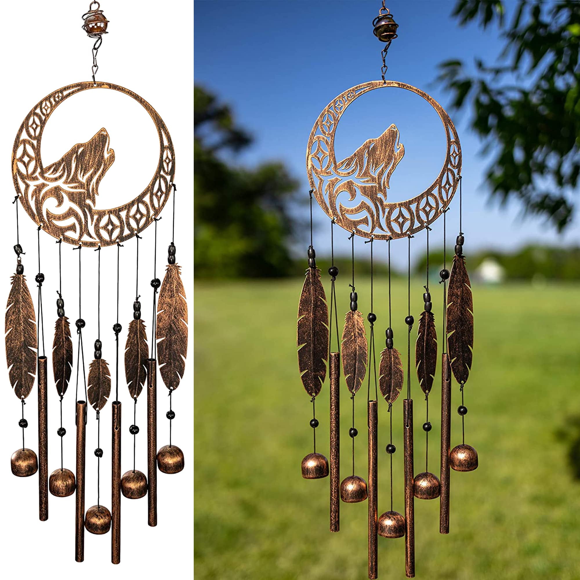 Rustic Copper Wolf Dreamcatcher Wind Chime with Feathers