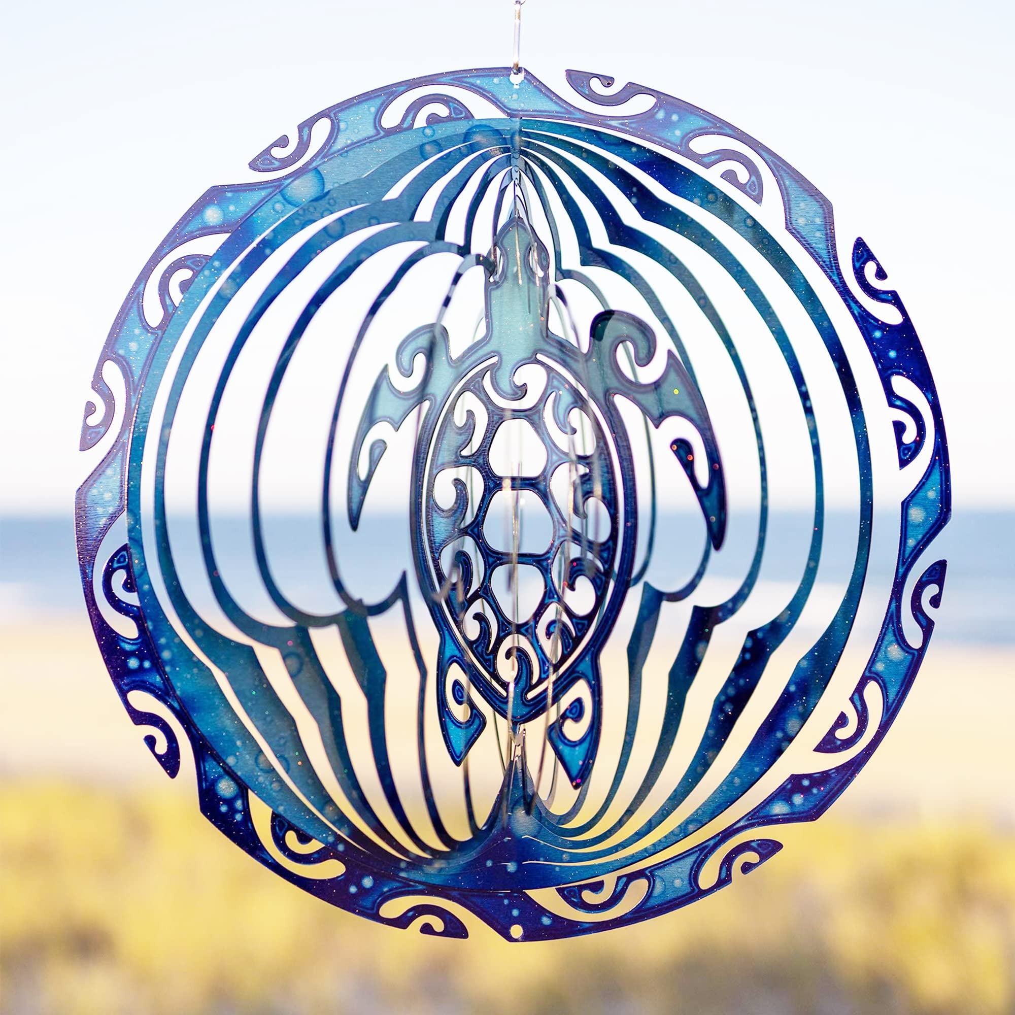 Tribal Turtle Blue and Silver Kinetic Metal Garden Wind Spinner