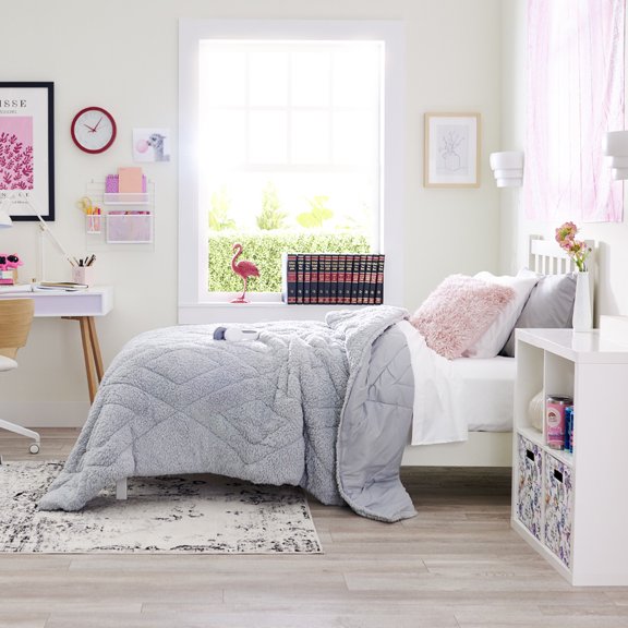 Dawn 4-Piece Twin Essentials in Kyla Gray, Reversible Twin/Twin XL Comforter, Sheets and Pillowase, Super Soft Sherpa and Grays