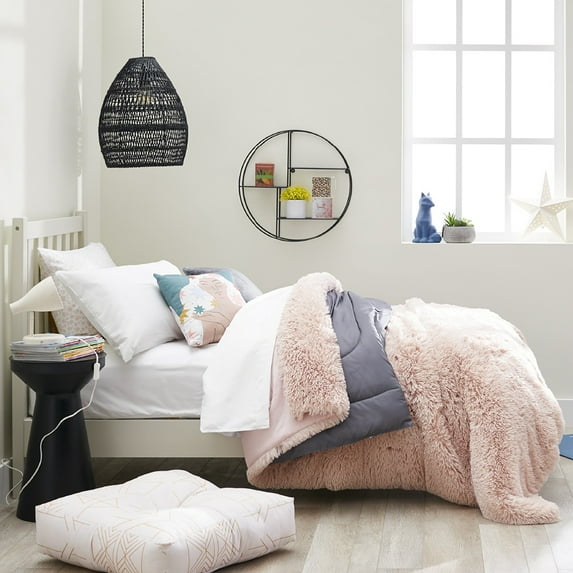 Dawn 4-Piece Twin Essentials in Melissa Pink, Reversible Twin/Twin XL Comforter, Sheets and Pillowase, Faux Fur, Blush Pinks in Solids