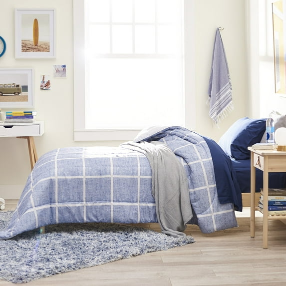 Dawn 4-Piece Twin Essentials in Peter Blue, Reversible Twin/Twin XL Comforter, Sheets and Pillowase, Navy Blue, Gray & White