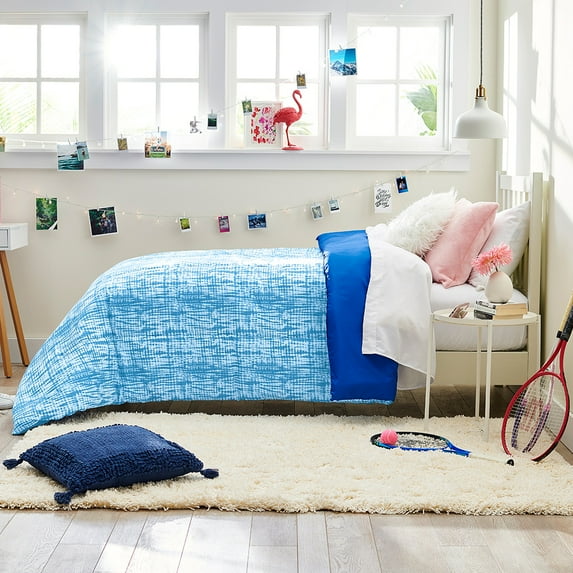 Dawn 4-Piece Twin Essentials in Tina, Reversible Twin/Twin XL Comforter, Sheets and Pillowase, Hues of Blue, Gray and White