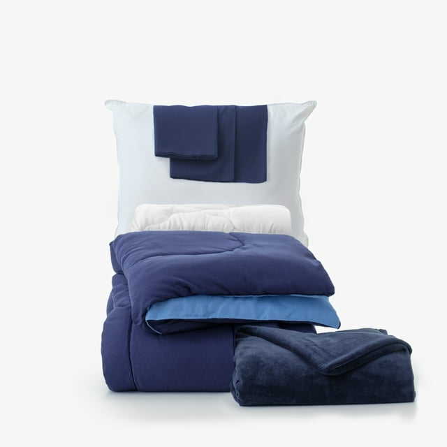 Dawn 7-Piece College Dorm Bedding Bundle in Blue and Navy, Twin XL Comforter Set, Sheets, Pad, Pillow & Blanket, Classic Blue Solids