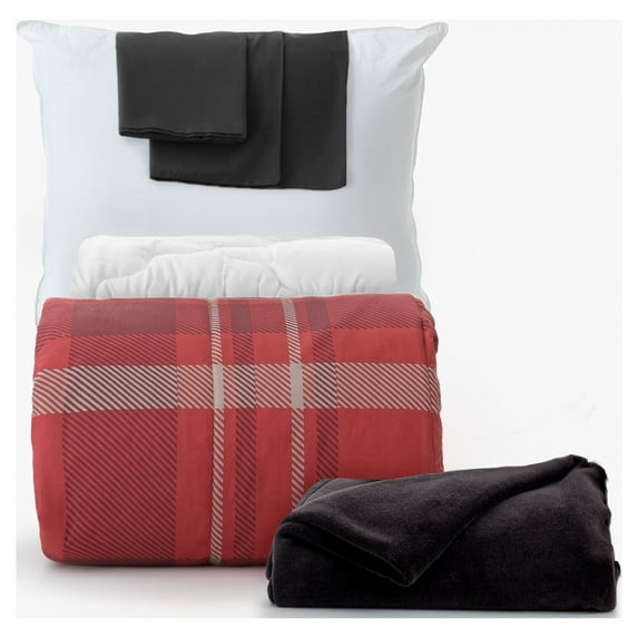 Dawn 7-Piece College Dorm Bedding Bundle in Simon, Twin XL Comforter Set, Sheets, Pad, Pillow & Blanket, Collegiate Plaid in Burgundy, Tan & Black