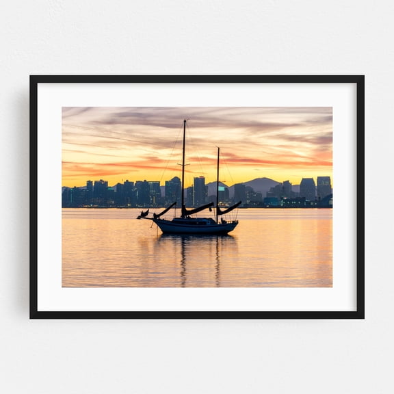 Dawn Anchorage - Photography Sailboat Sunset Cityscape Harbor Skyline Seascape Nautical Black Framed Wall Art Print 24 x 36 inches
