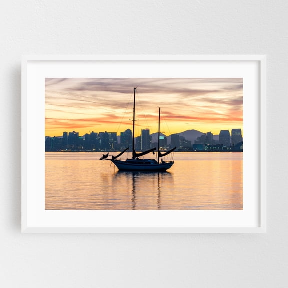 Dawn Anchorage - Photography Sailboat Sunset Cityscape Harbor Skyline Seascape Nautical White Framed Wall Art Print 5 x 7 inches