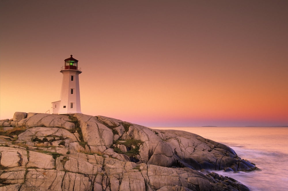 Dawn At Peggys Cove Lighthouse Halifax County Nova Scotia Canvas Art - Ron Watts Design Pics (34 x 22)