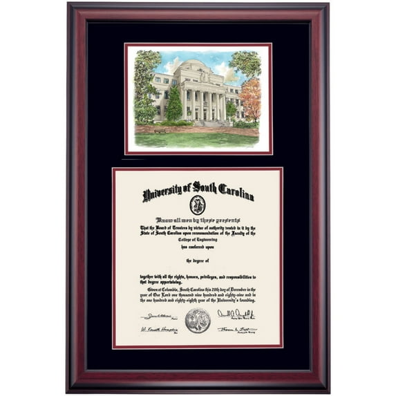 Dawn Diploma Frame for University of South Carolina USC, Black/Maroon Mat with McKissick Museum Watercolor, 27" x 20"