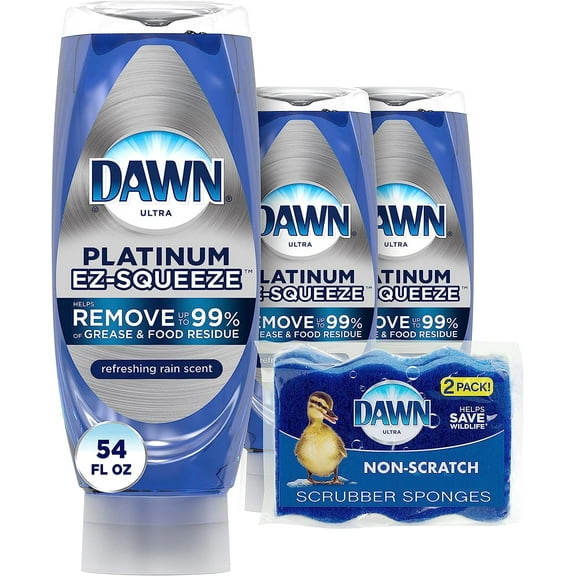 Dawn Dish Soap Squeeze Bottle, Ez-Squeeze Dawn Dishwashing Liquid,Dawn Platinum Dish Soap Liquid,Dish Washing Liquid+Non-Scratch Sponges For Dishes,Refreshing Rain,Includes 3X18oz Bottles+2 Sponges