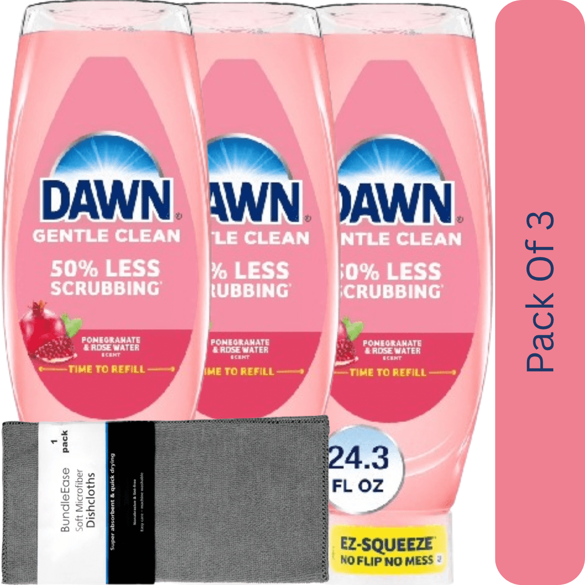 Dawn Gentle Clean EZ-Squeeze Dish Soap Liquid, Pomegranate & Rose Water, 24.3 oz with Microfiber Solid Color Dishcloth by BundleEase