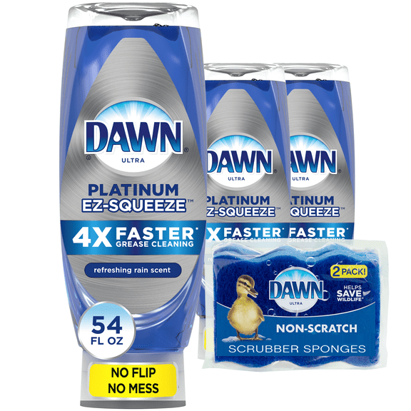 Dawn Liquid Dish Soap, Refreshing Rain Scent, 18 Ounce, 3 Count with 2 Non-Scratch Scrubber Sponge