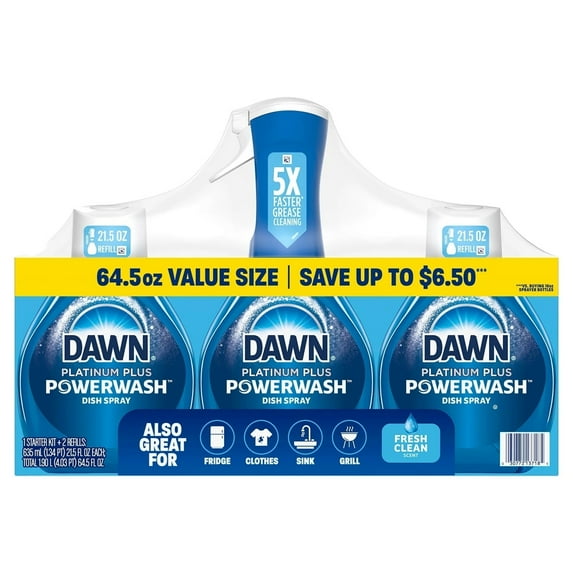 Dawn Platinum Plus Powerwash Dish Spray, Fresh Scent, 1 Spray Bottle + 2 Refills