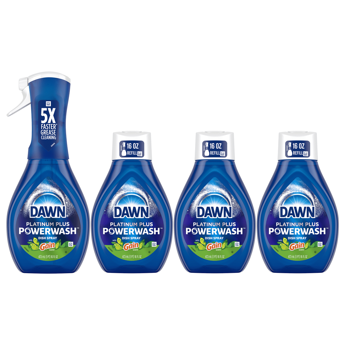 Dawn Powerwash Spray, Dish Soap, Dishwashing Liquid, Gain Original, 1 Starter Kit + 3 Refills