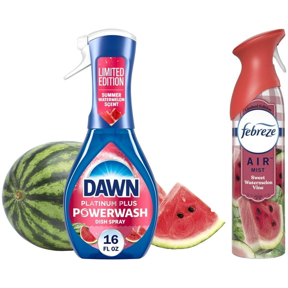 Dawn Powerwash Spray, Dish Soap, Dishwashing Liquid, Summer Watermelon, 1 Starter Kit, 16 Fl Oz plus Febreze Air Freshener Spray, Odor-Fighting Room Spray, Sweet Watermelon Vine, 8.8oz