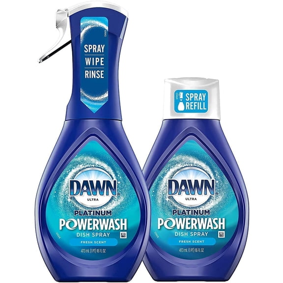 Dawn Powerwash Spray Starter Kit, Platinum Dish Soap, Fresh Scent, 1 Starter Kit + 1 Dawn Powerwash Refill, 16 fl oz each