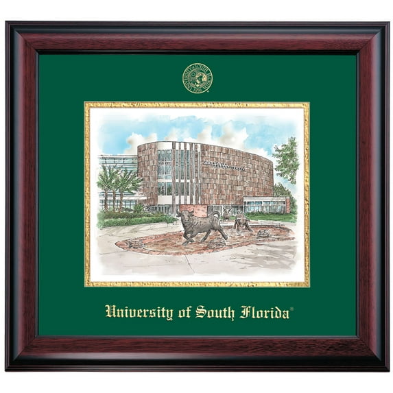 Dawn Prestige Framed Artwork for University of South Florida USF | Marshall Student Center Watercolor with Embossed Hunter Green/Gold Mat, 16" x 18"