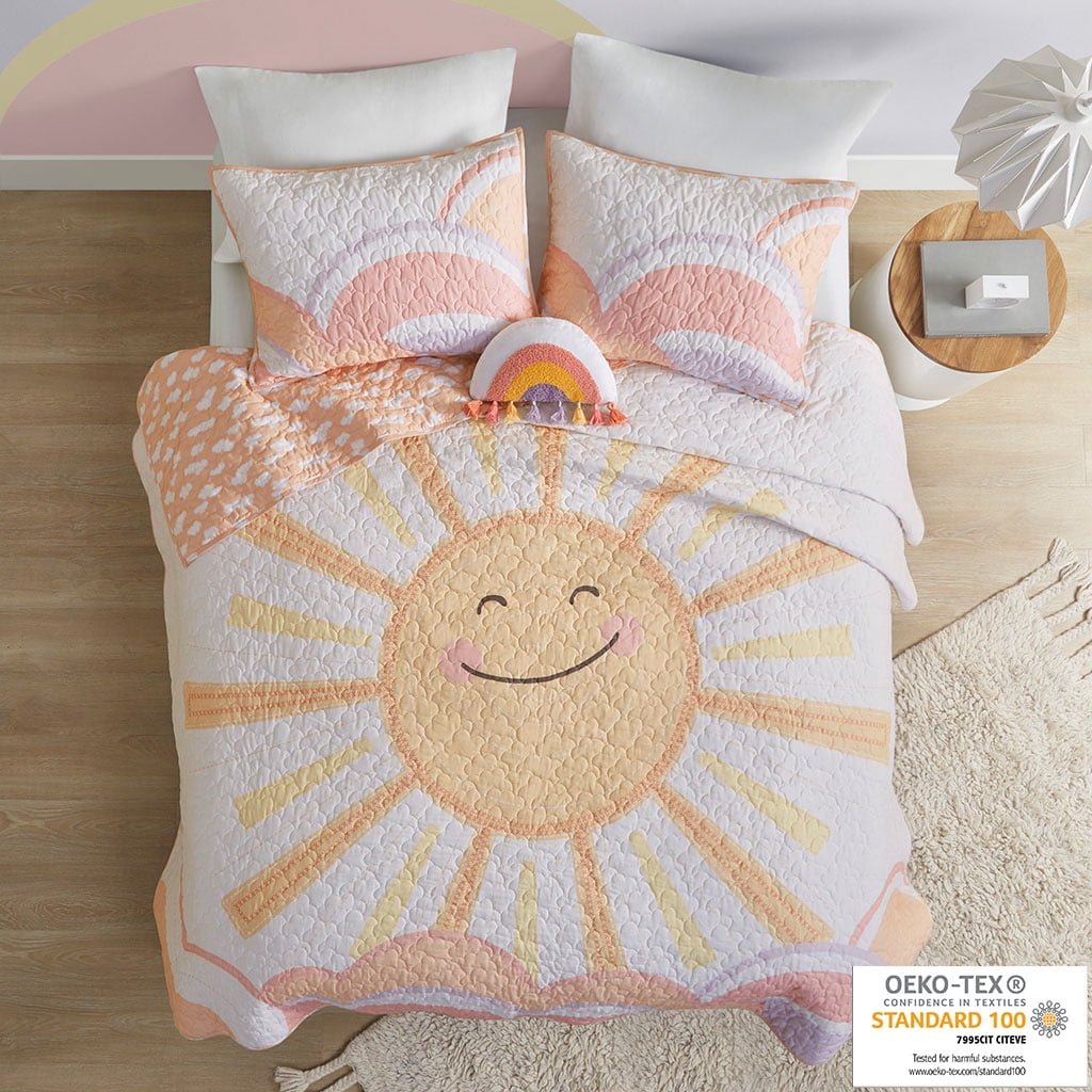 Full/Queen Reversible Cotton Quilt Set with Sunshine and Cloud Print