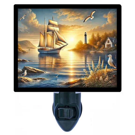 Dawn by the Sea Night Light Peaceful Sailboat Sunrise with Lighthouse and Seagulls, Coastal Nautical Home Dcor Accent Includes Free Switchable Insert
