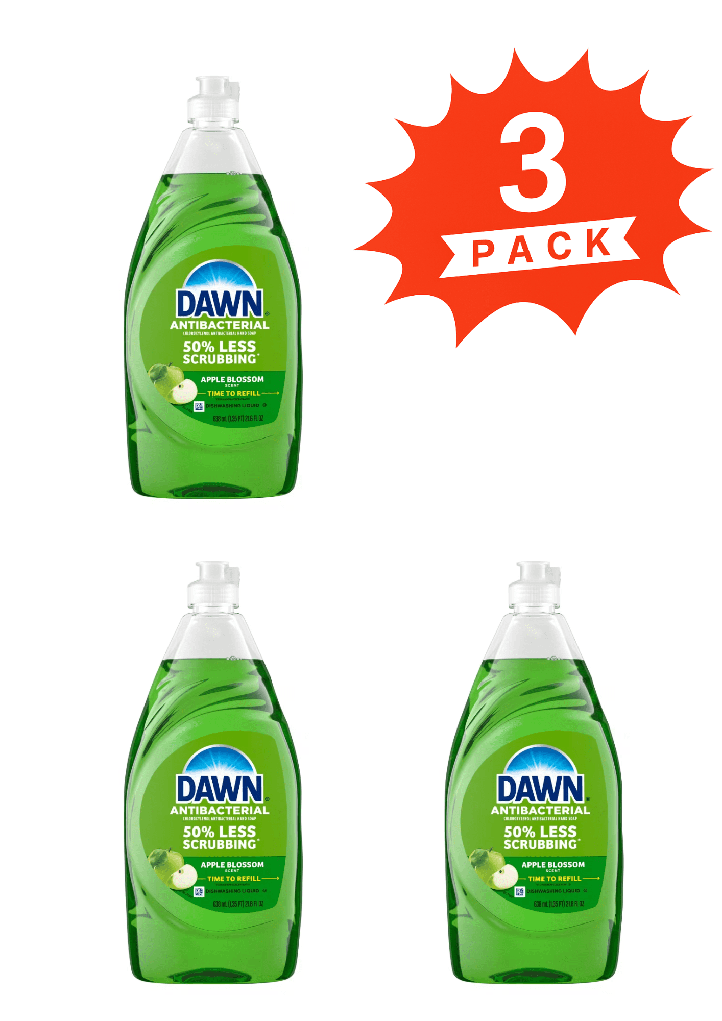 Dawn Ultra Antibacterial Apple Blossom Liquid Dish Soap (Pack 3) - 64.8fl