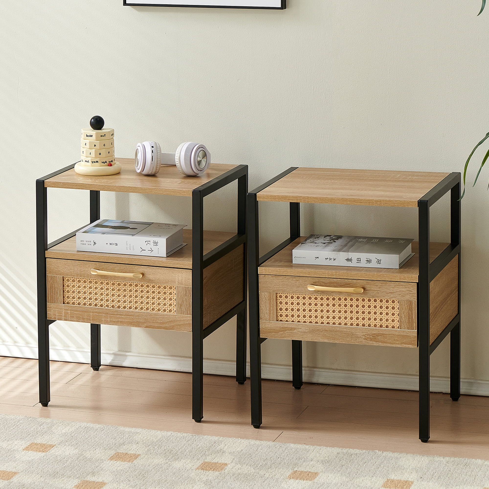 Dawn Whisper 15.75" Rattan End Table with Drawer, Modern Nightstand