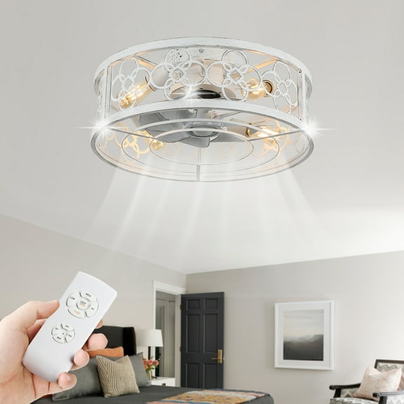 Dawn Whisper 20" Caged Flush Mount Ceiling Fan Farmhouse Distressed White with Light and Remote for Bedroom Dining Room