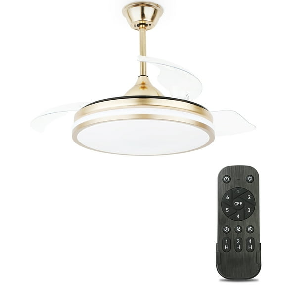 Dawn Whisper 42-Inch Retractable Ceiling Fan with 6-Speed, LED Light, CCT Dimmable, DC Motor, Reversible Blades, Remote Control, Timing Option (Gold)