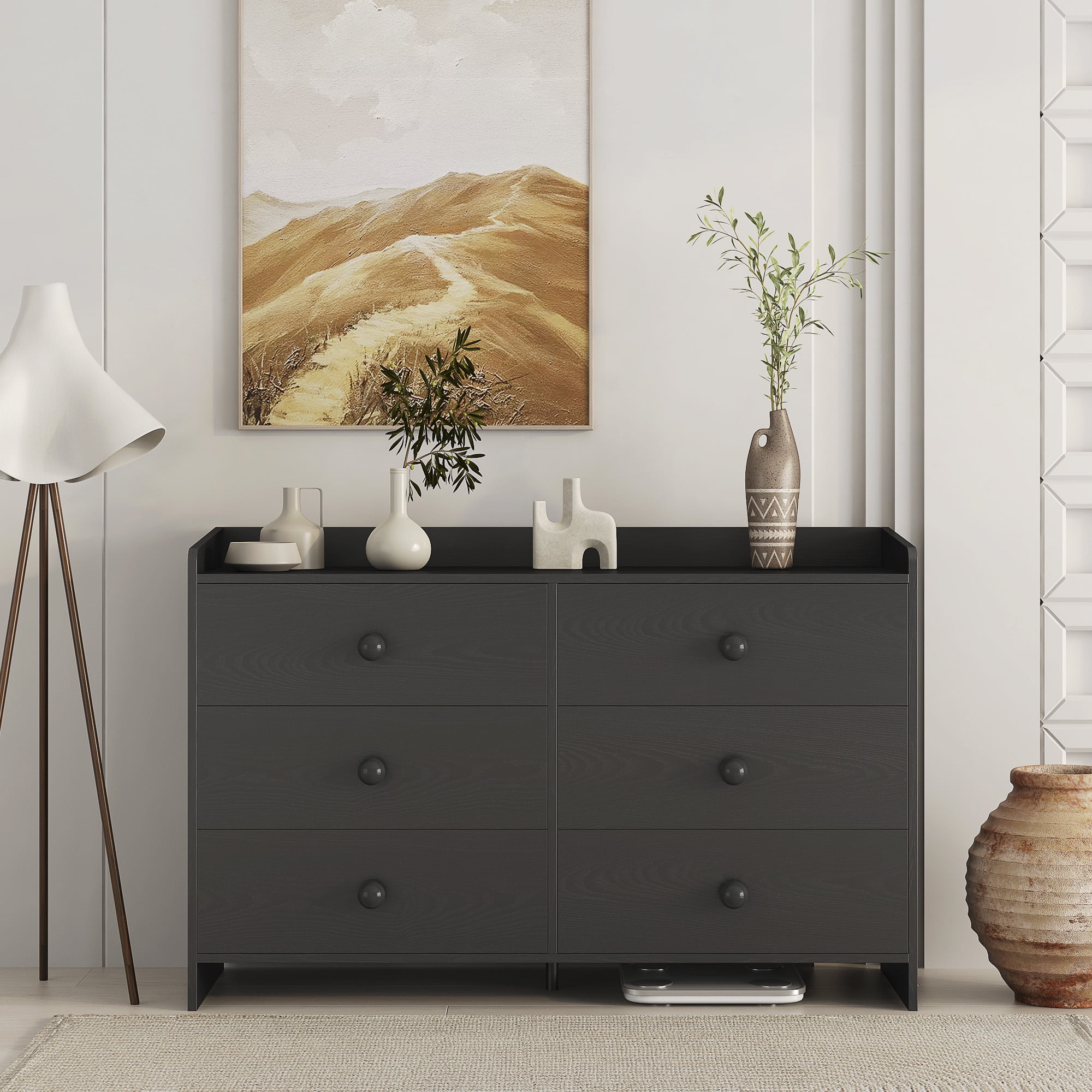 Classic Black MDF 6-Drawer Modern Dresser