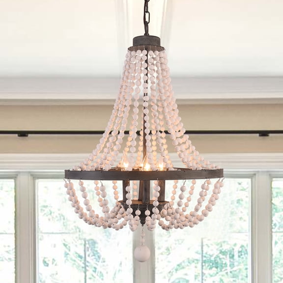 Dawn Whisper Beaded Chandelier 4-Light Farmhouse Rustic White Finis for Dining Room Kitchen Living Room Hallway