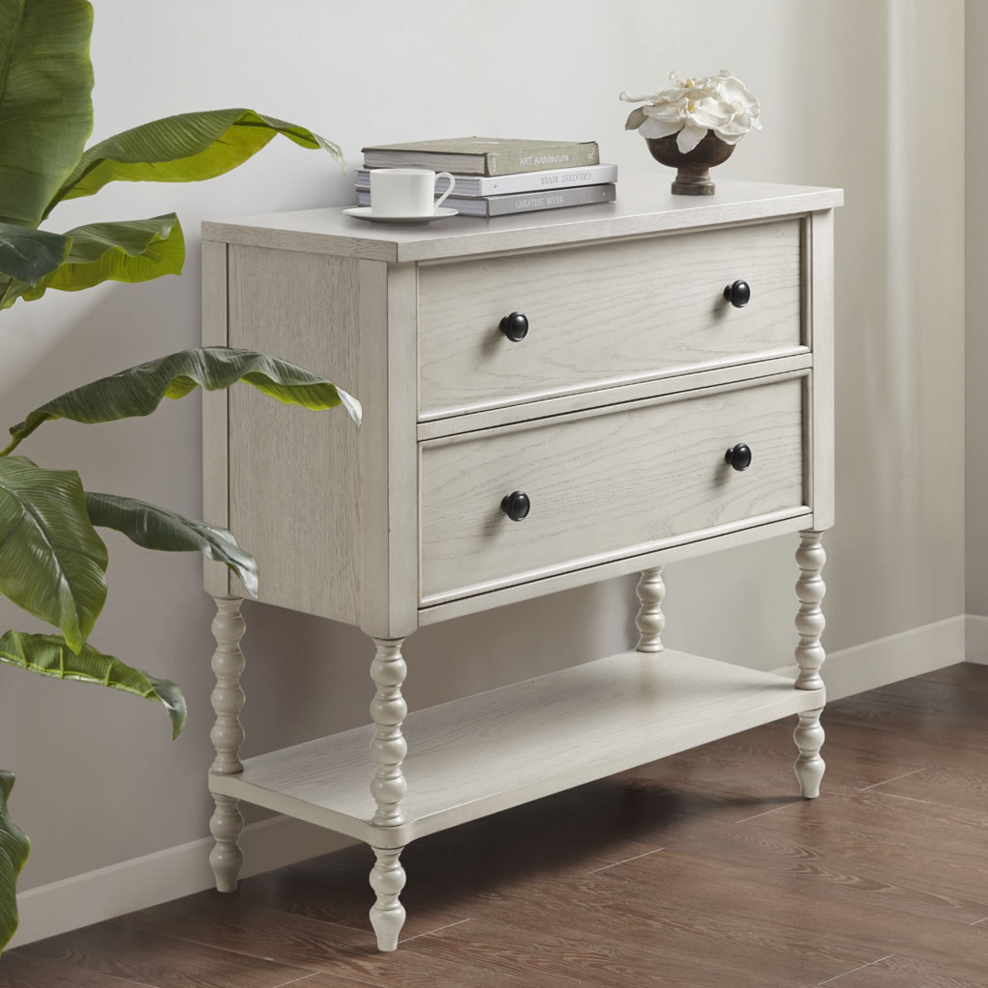 Antique White Acacia Double Drawer Chest with Spindle Legs