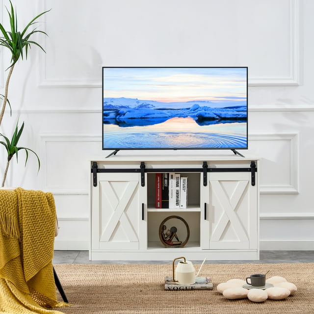 Dawn Whisper Decorative Wooden TV / Storage Cabinet with Two Sliding Barn Doors, White