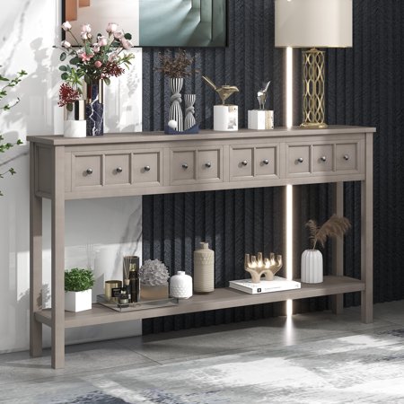 Dawn Whisper Rustic Entryway Console Table, Slender Design, Two Drawers, Bottom Shelf, 60 Long, Gray Wash