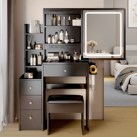 Dawn Whisper Small Space Left Bedside Cabinet Vanity Table with Cushioned Stool, Power Station and Extra Large Touch Control Sliding LED Mirror, Black