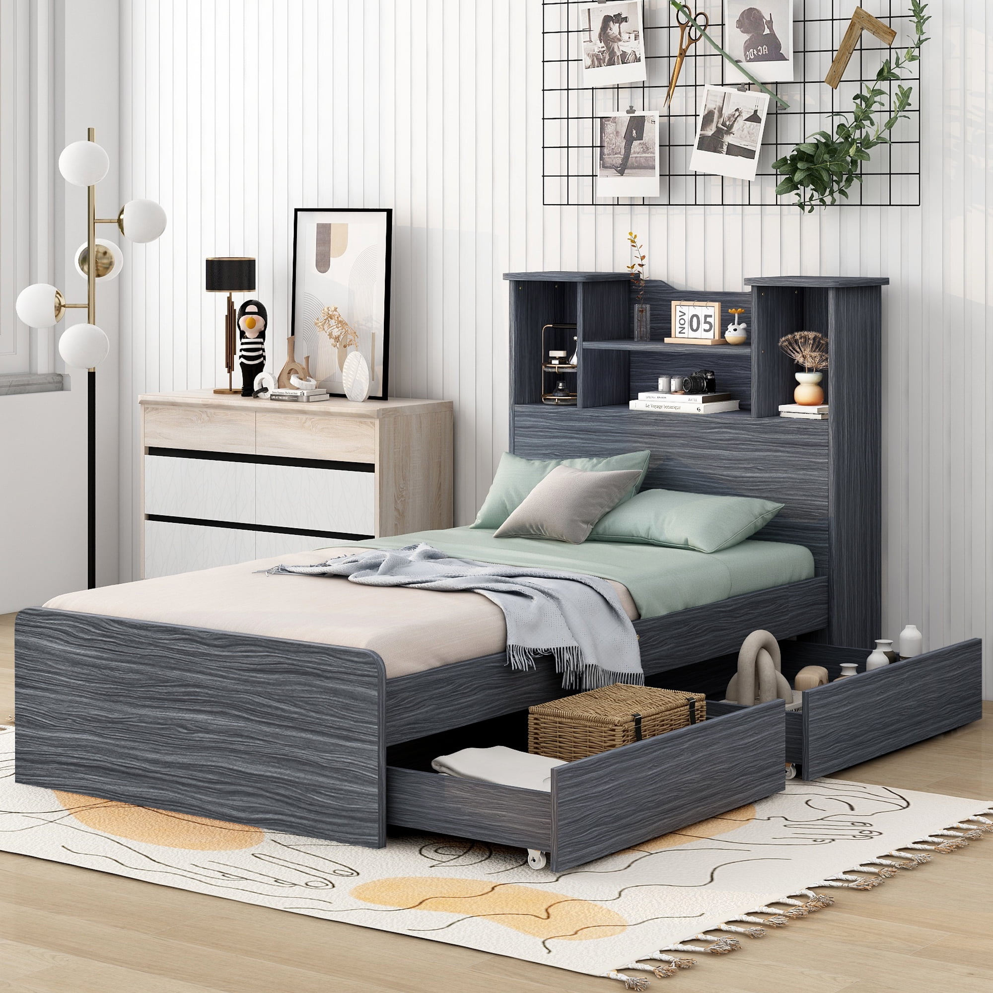 Dawn Whisper Twin Size Storage Platform Bed Frame with 4 Open Storage ...