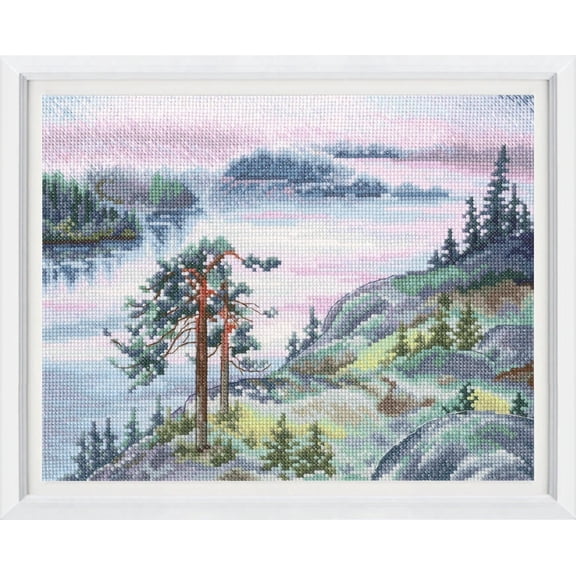 Wizardi Counted Cross Stitch Kit Dawn Hour M993 - Mountain Sunrise Landscape Design, 14ct White Zweigart Aida DMC 46 Colors Floss, Needle, Chart, 10.04x7.87 Kit for Adults RTO