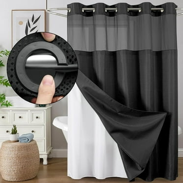 DawnJoanHD No Hook Shower Curtain with Snap in Fabric Liner, Waffle Weave Heavyweight Fabric Shower Curtain with See Through Top Window, Black Waffle Shower Curtains, 72"X75"