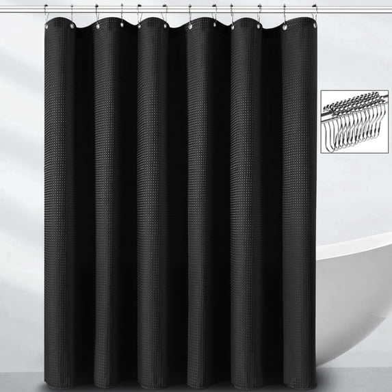 DawnJoanHD Waffle Weave Shower Curtains, Black Heavy Duty Waterproof Polyester Fabric Shower Curtain with 12 Metal Hooks, 72"X72"