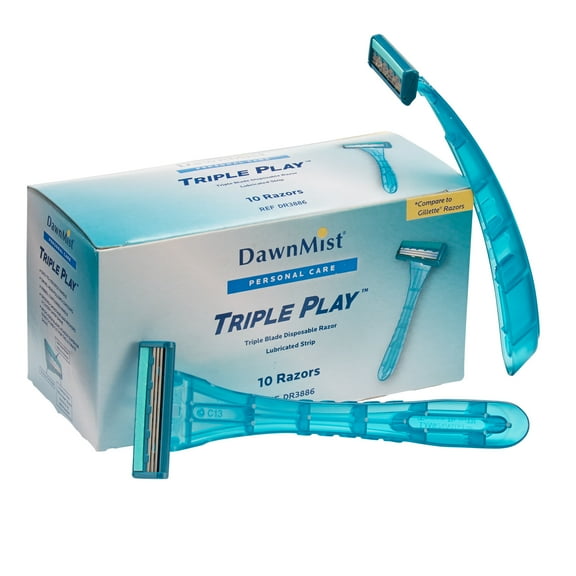 DawnMist Triple Play Personal Razor with Lubricating Strip Single Edge Triple Blade Teal 10 per Box DR3886
