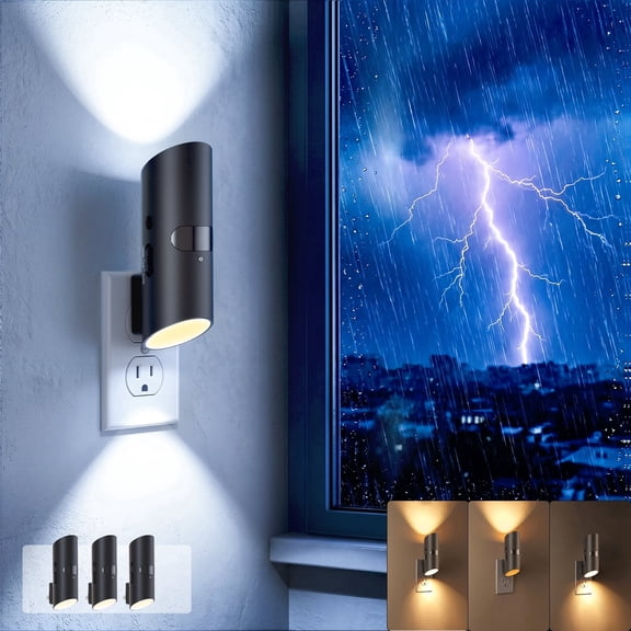 Dawnrise 3 Pack Plug in Power Failure Night Lights, Motion Sensor or Dusk to Dawn Sensor Optional, Adjustable up and Down Lights, Emergency Nightlights for Blackout, Hurricane