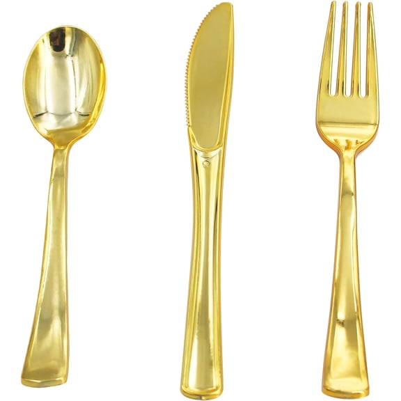Dawot 300Pcs Gold Plastic Cutlery Set, Disposable Flatware Dinnerware Gold Utensils Set, 100 Gold Spoons, 100 Gold Forks, 100 Gold Knives for Wedding, Birthday, Party