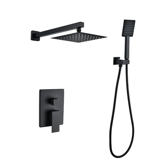 Dawot Bathroom Rainfall Shower Faucet Set, Matte Black 8" Square Head Shower with Handheld Shower Head Kit, Premium Brass Rough-in Valve and Trim Kit Included