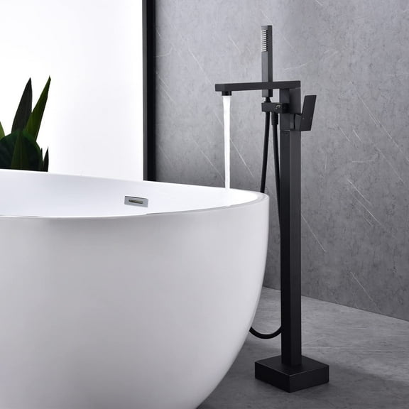 Dawot Floor Mount Bathtub Faucet, 2 Function Brass Matte Black Bathroom Freestanding Tub Filler Single Handle with Hand Shower