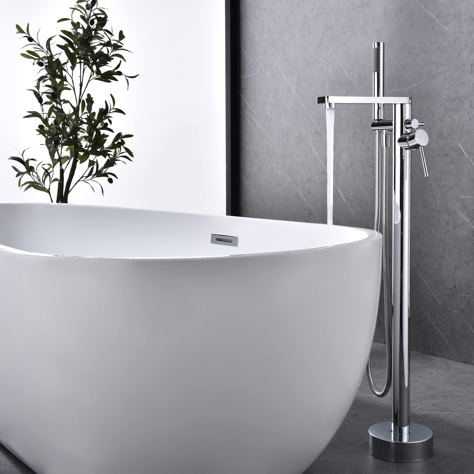 Dawot Freestanding Bathtub Faucet, 2 Function Brass Chrome Tub Filler Chrome Floor Mount Brass, Single Handle Bathroom Faucets with Hand Shower