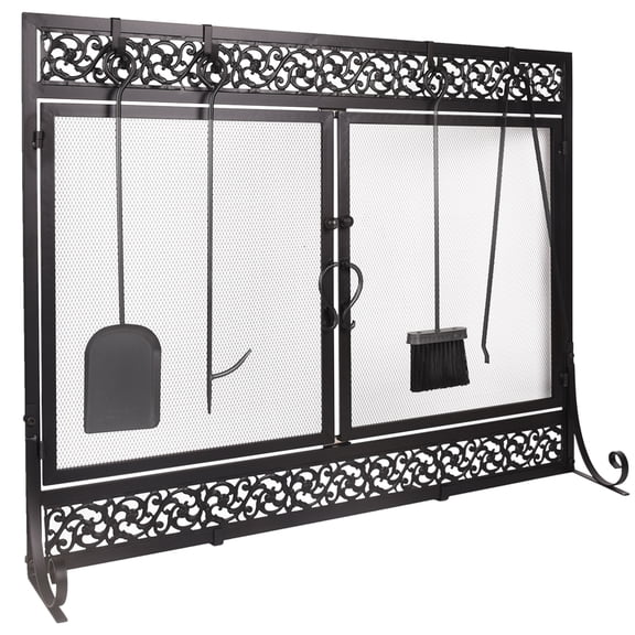 Dawot Metal Fireplace Screen Scrollwork Black, 39 x 31 Inch Fireplace Screen,Two-Doors Large Flat Guard Screens,Baby Safe Spark Guard Protector Wood Burning Stove Decorative Accessories.