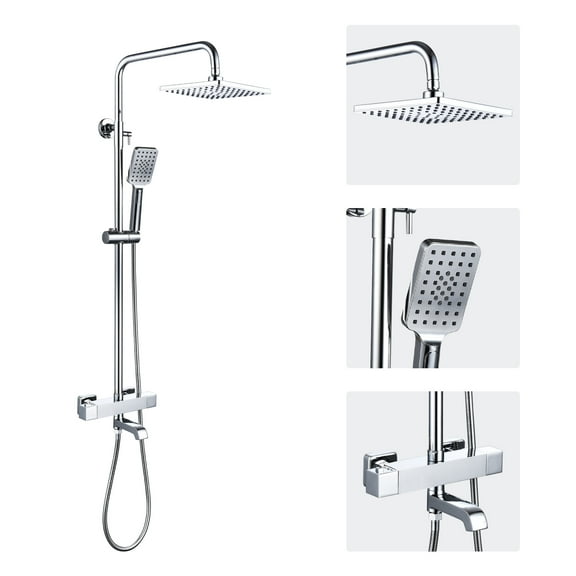 Dawot Shower Faucet Set 8" Square Shower Head 3 Function Thermostatic Rainfall Shower Faucet Set Handheld Sprayer Tub Spout Polished Chrome with Height Adjustable Slide Bar