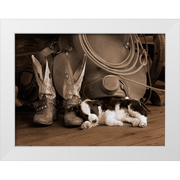 Dawson, Robert 14x12 White Modern Wood Framed Museum Art Print Titled - Cowboy Puppy