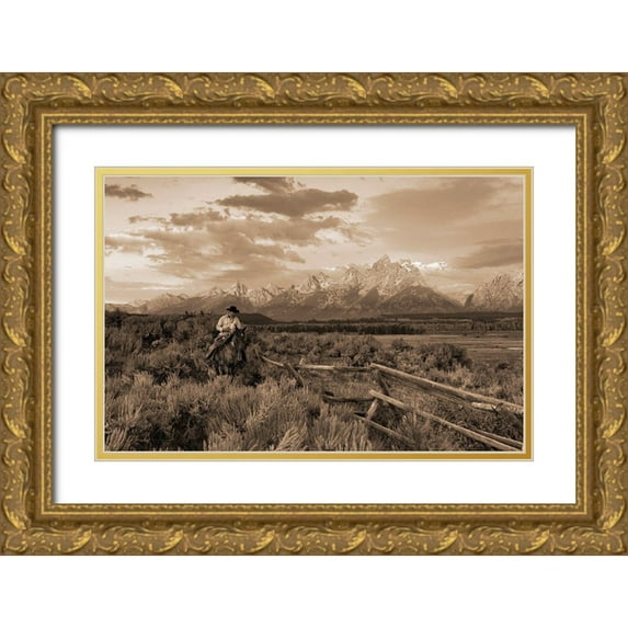 Dawson, Robert 18x13 Gold Ornate Wood Framed with Double Matting Museum Art Print Titled - Ridin Fences I sepia