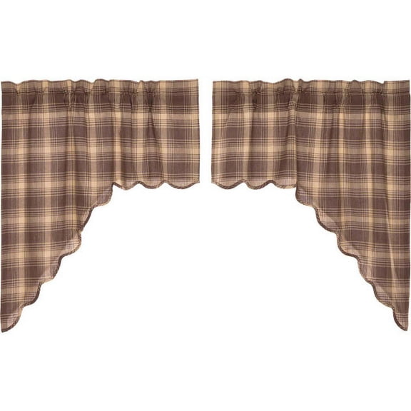 Rustic Swag Set Dawson Star Scalloped Brown Plaid Country Kitchen Window Curtains VHC Brands
