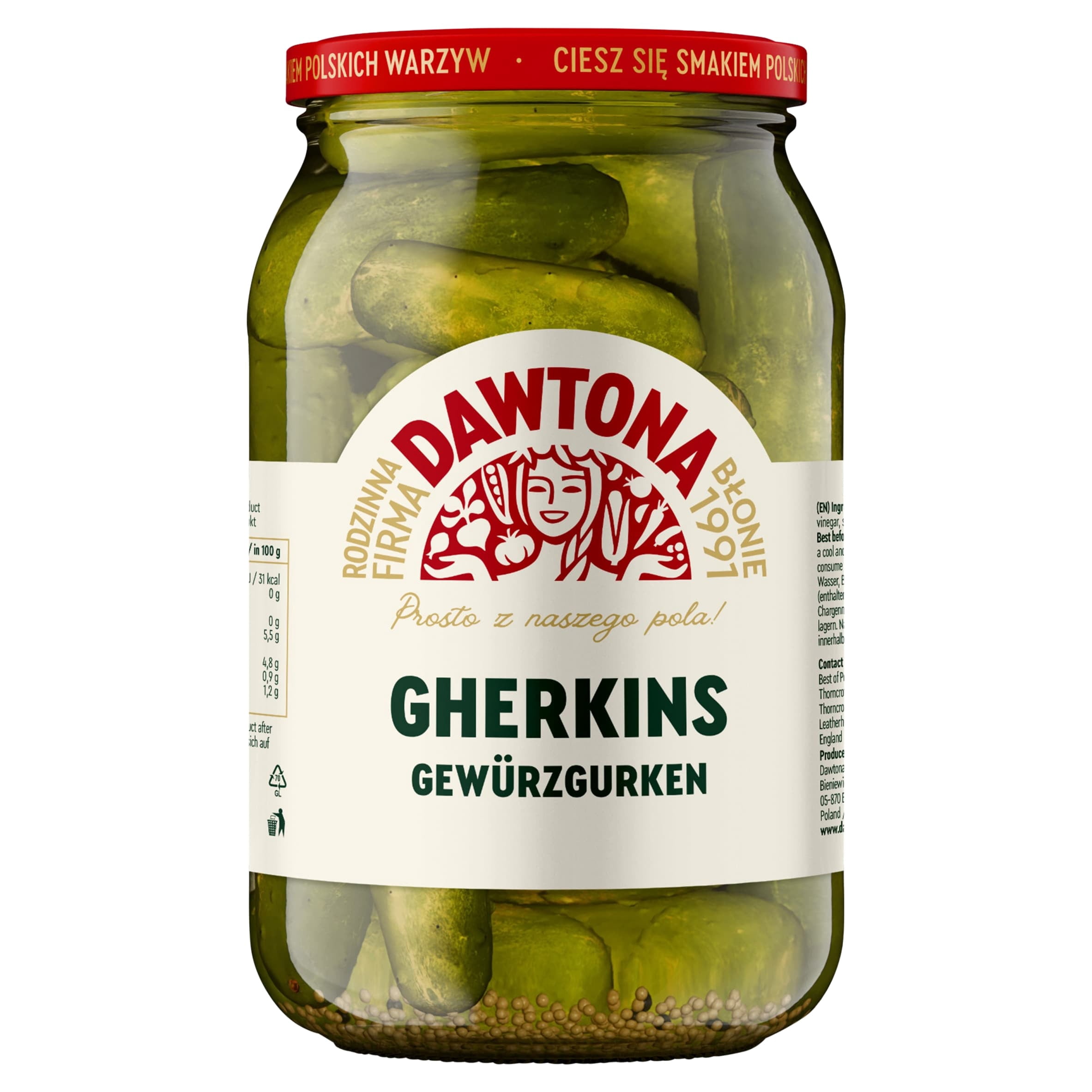 Dawtona Pickled Gherkins 900G, Imported from Britain